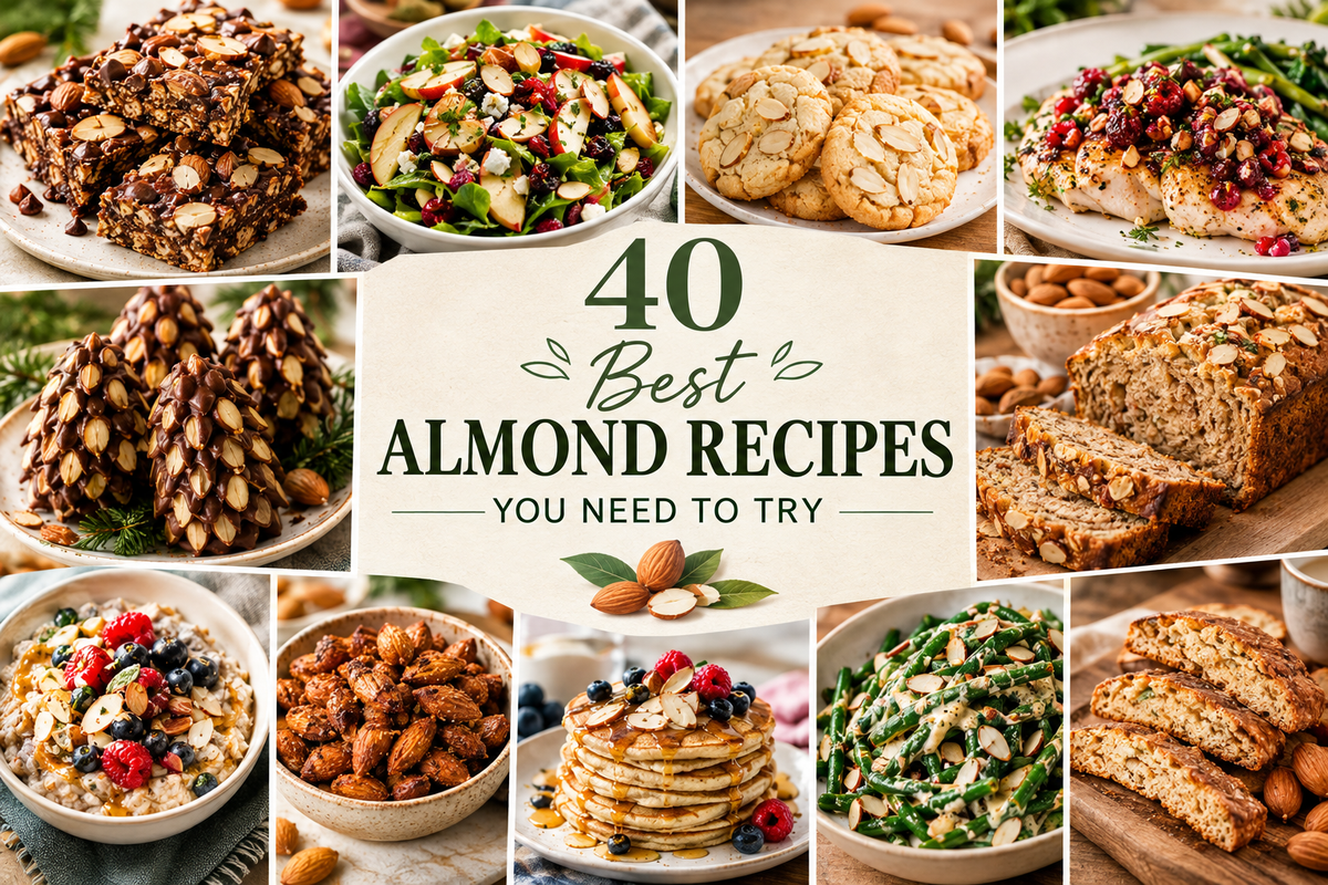 Discover 40 delicious almond recipes, from almond cookies and chocolate desserts to crunchy salads, chicken dinners, snacks, cakes, and easy breakfast ideas.