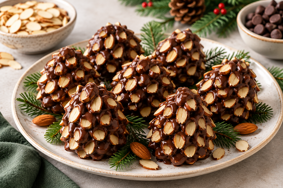 Chocolate almond pinecones made with almond paste, sliced almonds, and semisweet chocolate