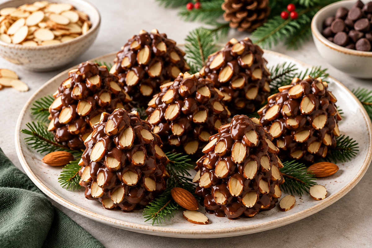Chocolate almond pinecones made with almond paste, sliced almonds, and semisweet chocolate