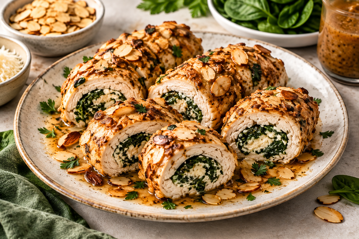 Toasted almond chicken rolls stuffed with spinach and Parmesan cheese